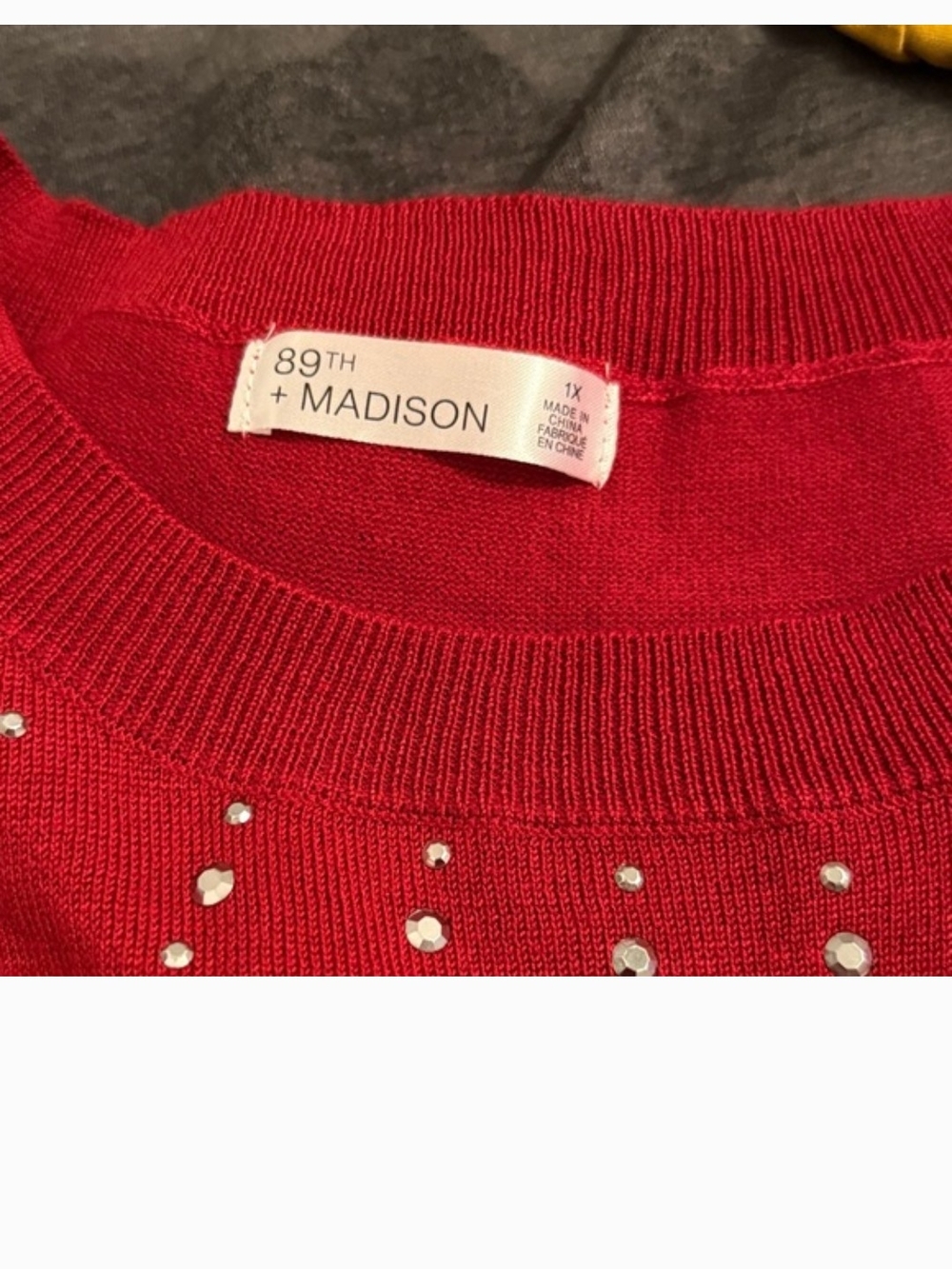 🆕89th + Madison Red Embellished Crewneck Sweater w Sheer Puffed Sleeves 1X